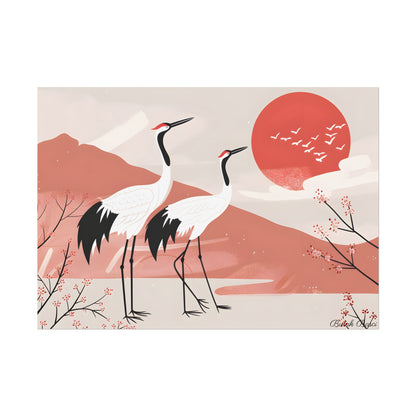 Serene Landscape with Cranes: Peaceful Nature Art - Poster