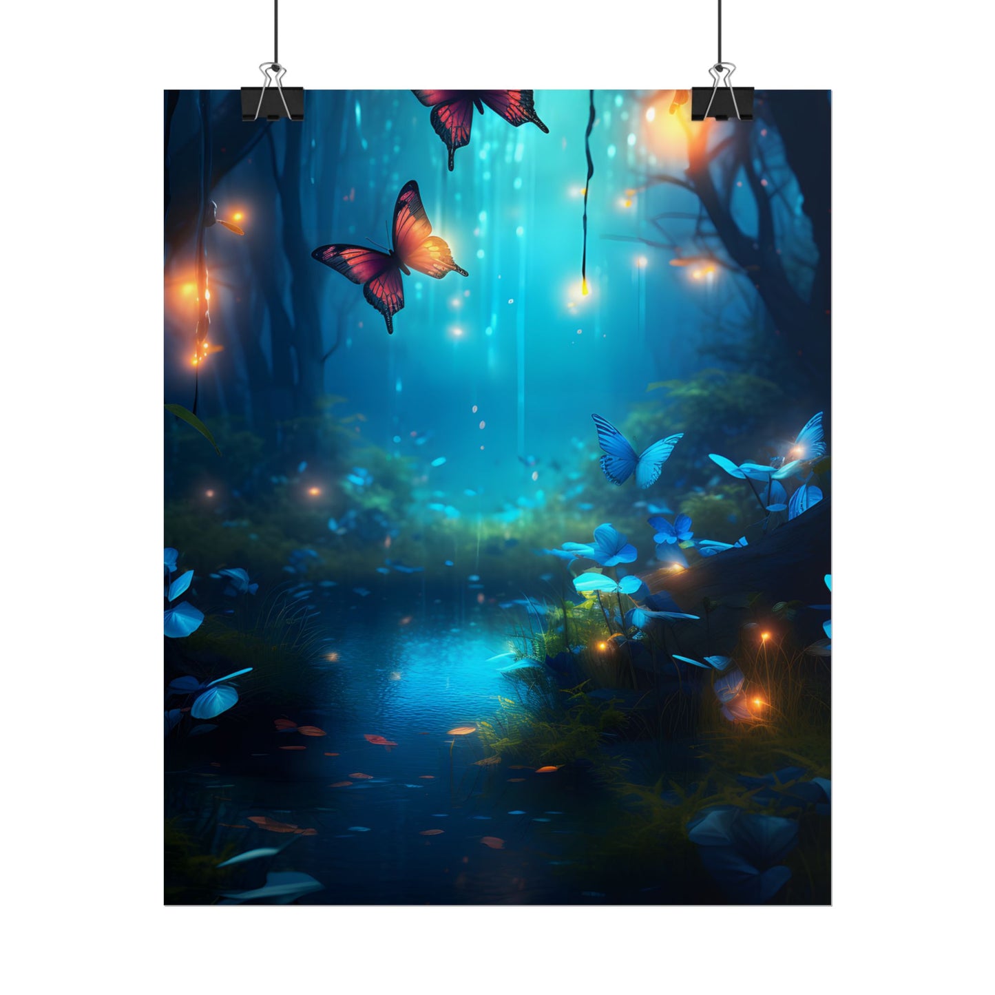 Moonlit Night Forest: Glowing Foggy Fantasy Bokeh Art - Poster