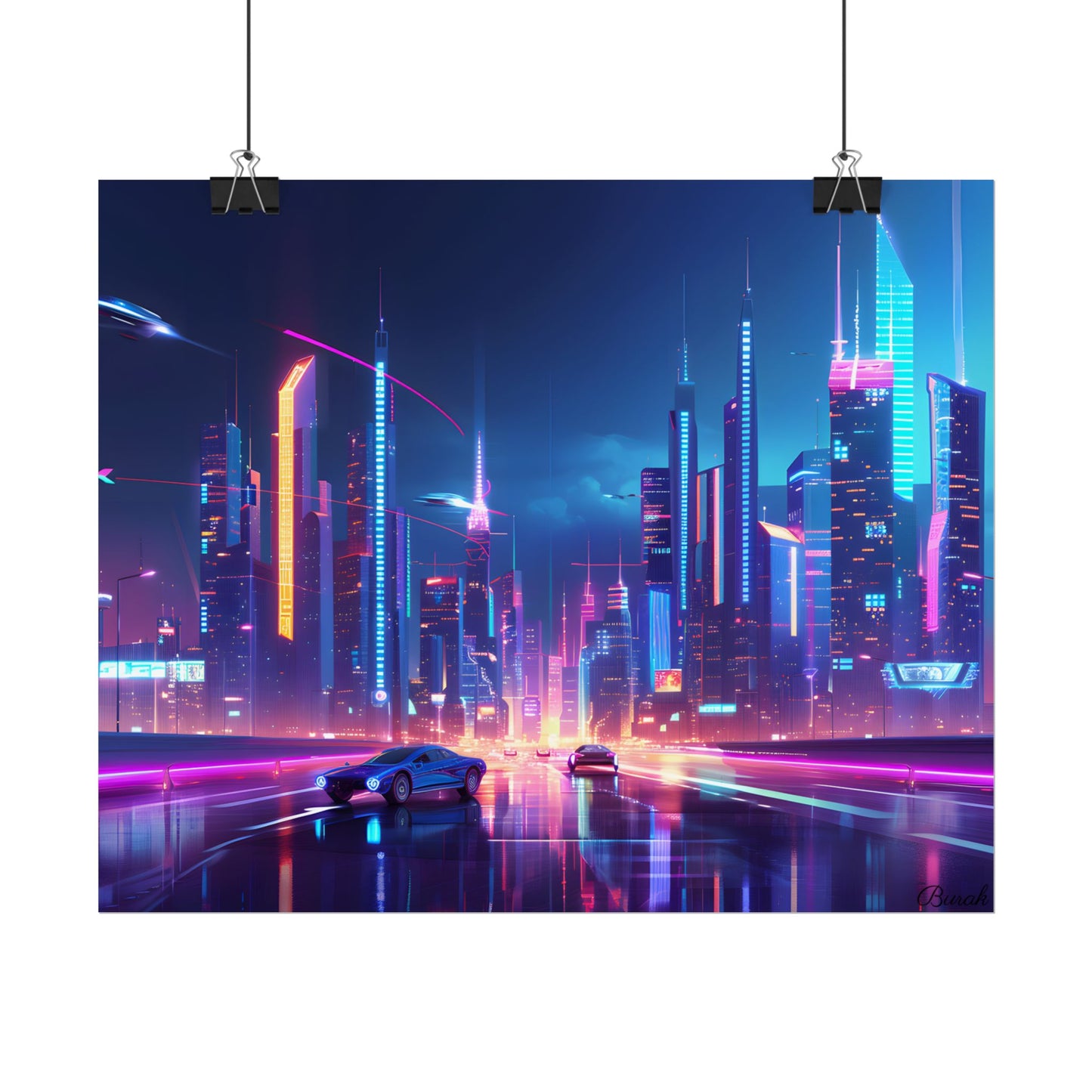 Futuristic City Glow: Neon Lights Digital Art - Poster