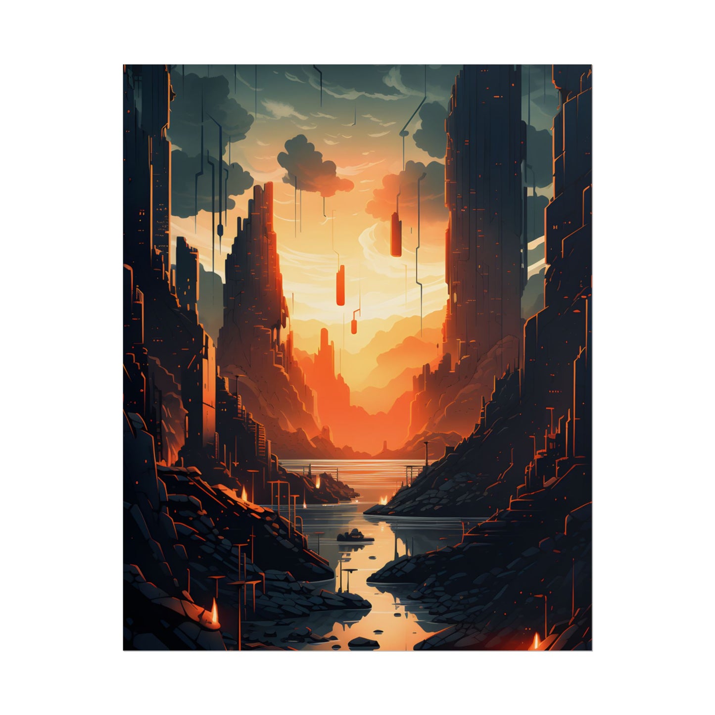 Cyberpunk Metropolis Ablaze: Nocturnal Digital Masterpiece - Poster
