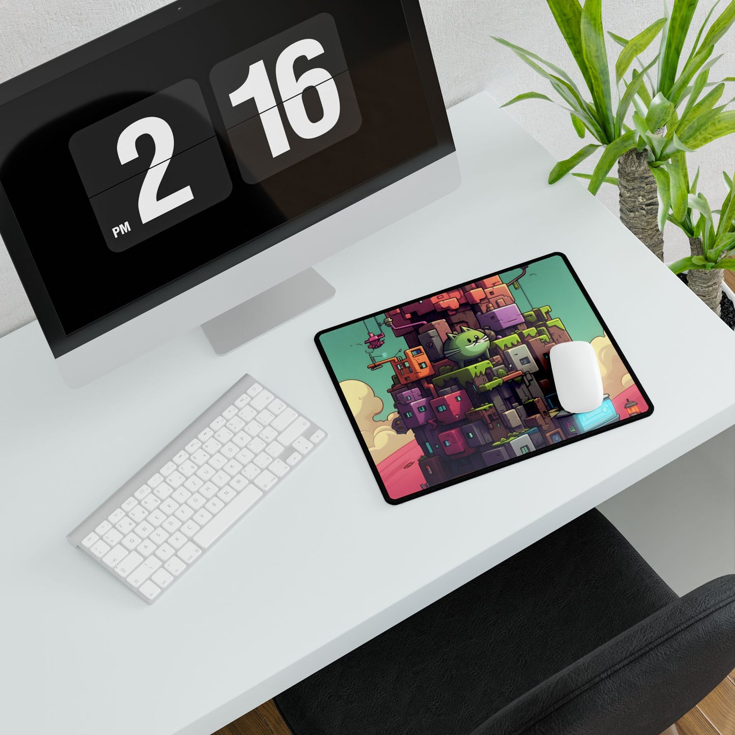 Pixel Art World: Colorful Cyber Pet in a Vibrant Scene - Desk Mat