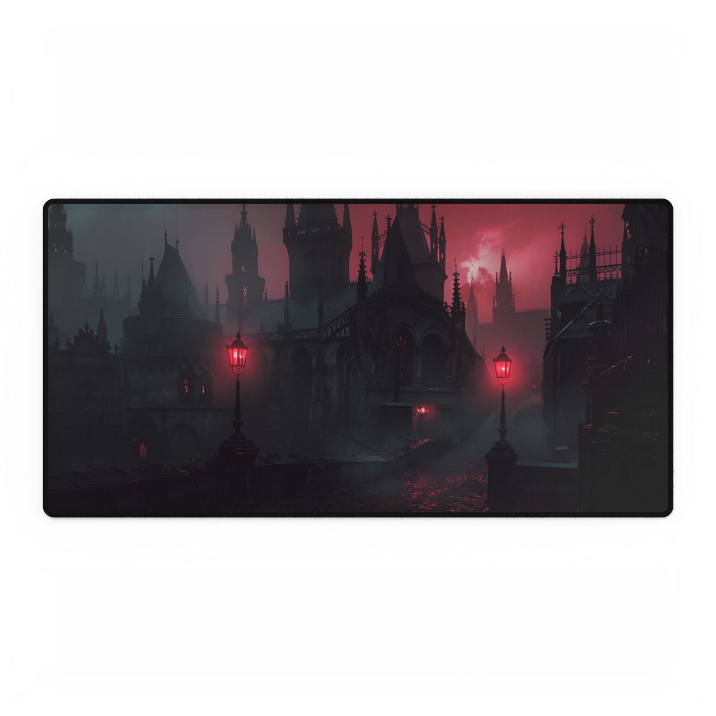 Dark Gothic Cityscape: Misty Twilight Artwork - Desk Mat