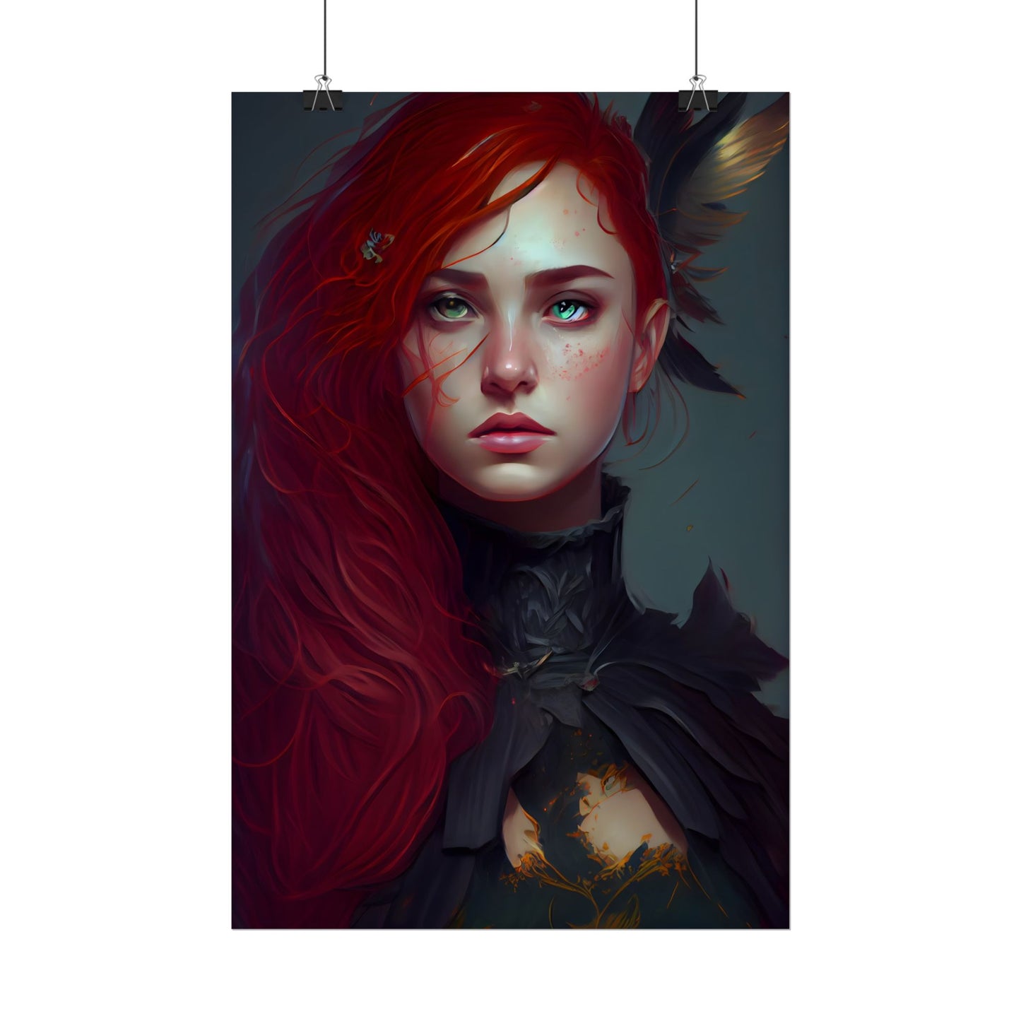 Vibrant Female Portrait: Red Hair Beauty in Neutral Dress - Poster