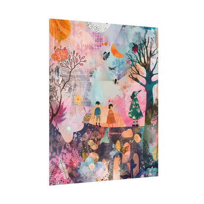 Colorful Whimsy: Blue Fish, Yellow Bird, Pink Cat Art Collage - Poster