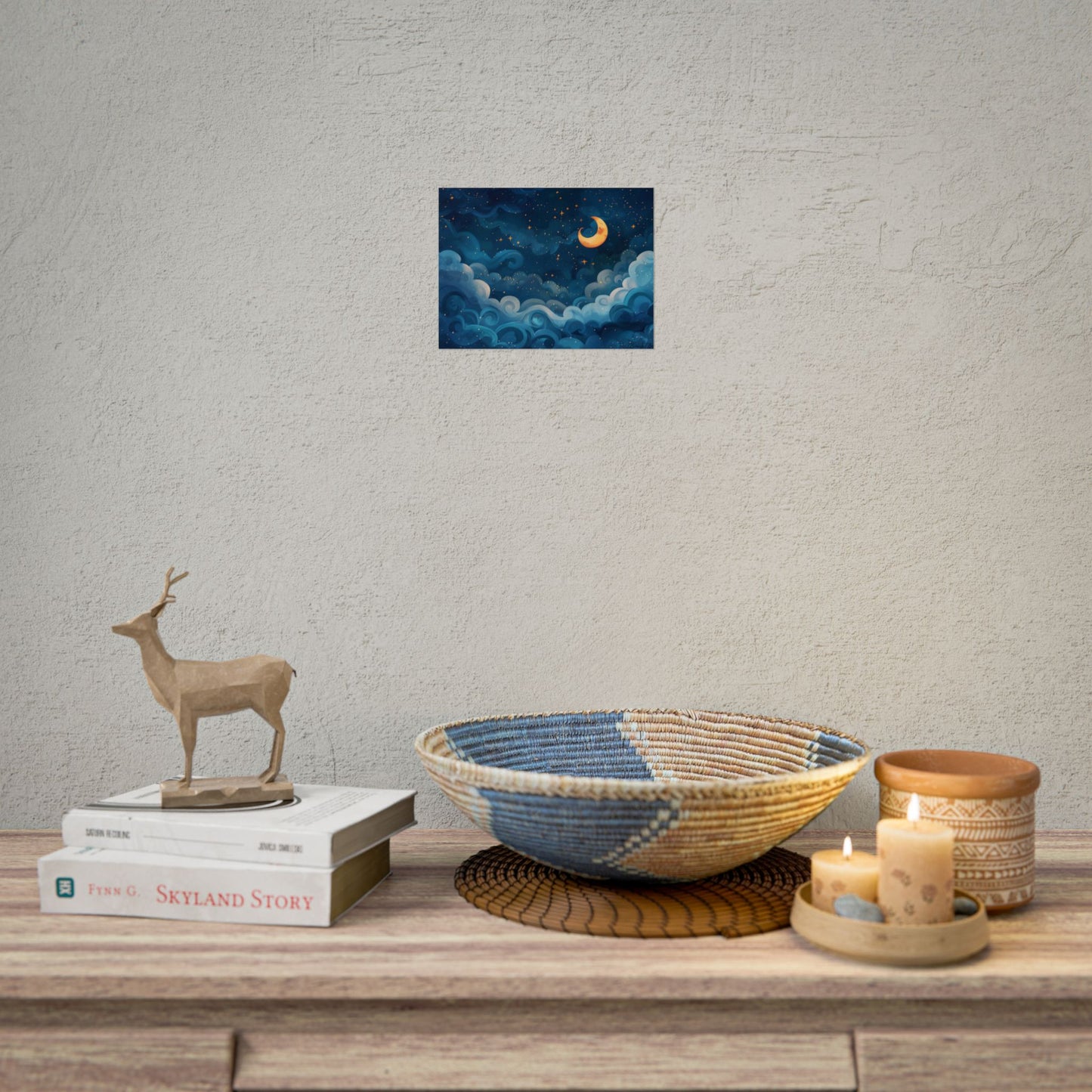 Surreal Night Sky Dreamscape: Whimsical Stars and Clouds Art - Poster