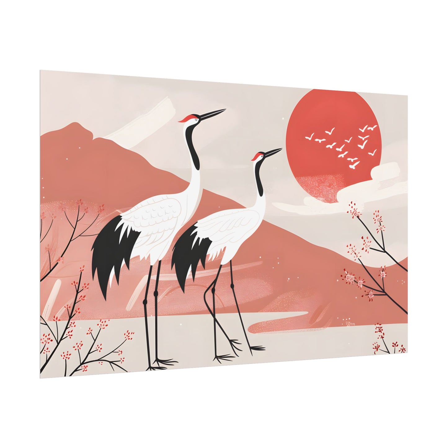Serene Landscape with Cranes: Peaceful Nature Art - Poster