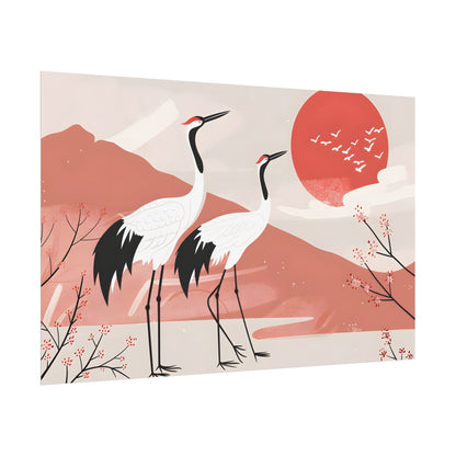 Serene Landscape with Cranes: Peaceful Nature Art - Poster