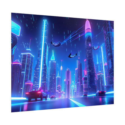 Vibrant Futuristic Cityscape: Neon Lights at Night Digital Artwork - Poster