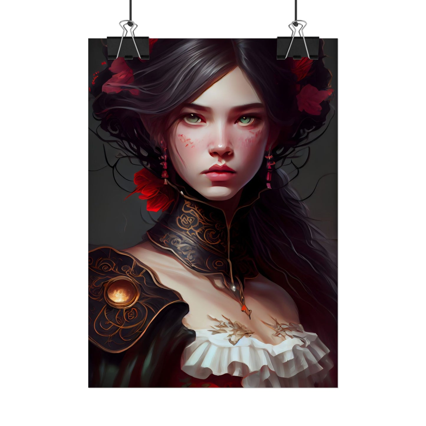 Elegant Black Hair Portrait in White Dress - Poster