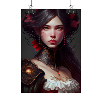Elegant Black Hair Portrait in White Dress - Poster