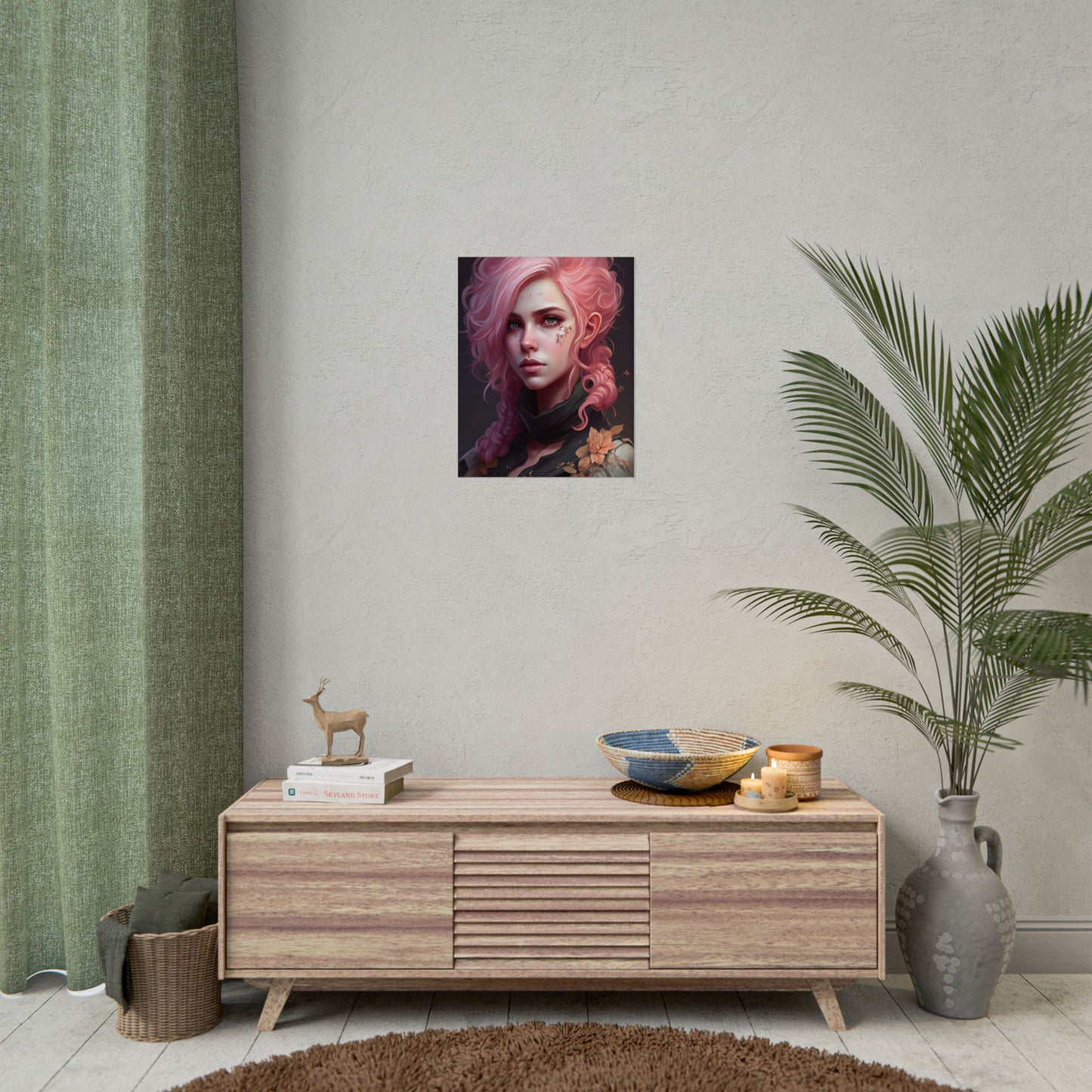 Astonishing Female Portrait: Vibrant Pink Hair in Dark Elegance - Poster