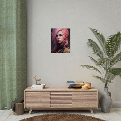 Astonishing Female Portrait: Vibrant Pink Hair in Dark Elegance - Poster
