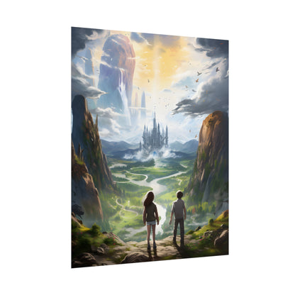 Girl and Boy in Serene Meadow: A Moment on Cloudy Hill - Poster