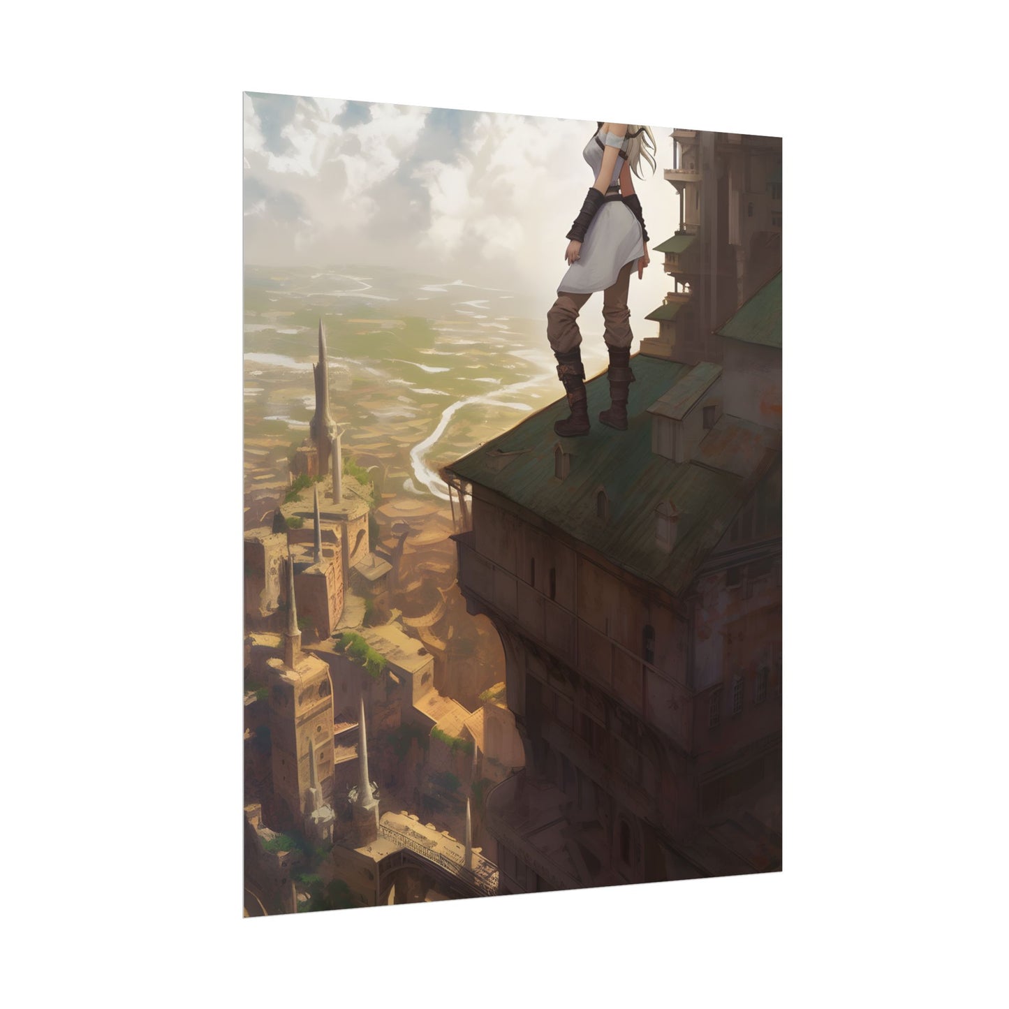 Dramatic Birds Eye View: Anime Blonde Female in Contemplation - Poster