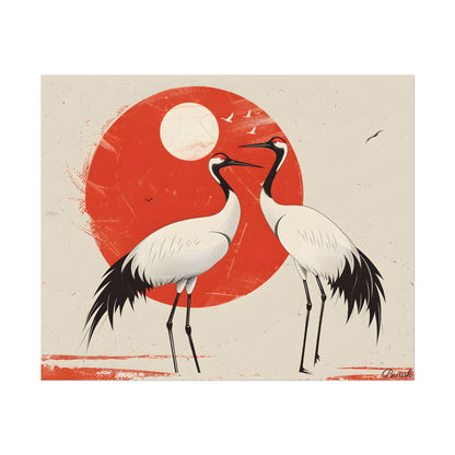 Serene Wildlife Sanctuary: Cranes in Red Nature Scene Art - Poster