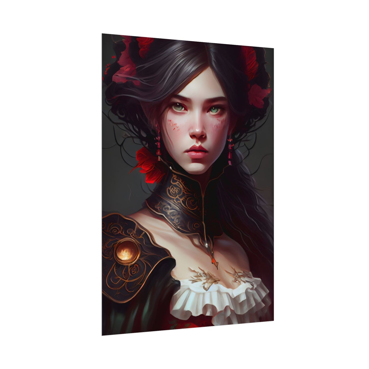 Elegant Black Hair Portrait in White Dress - Poster