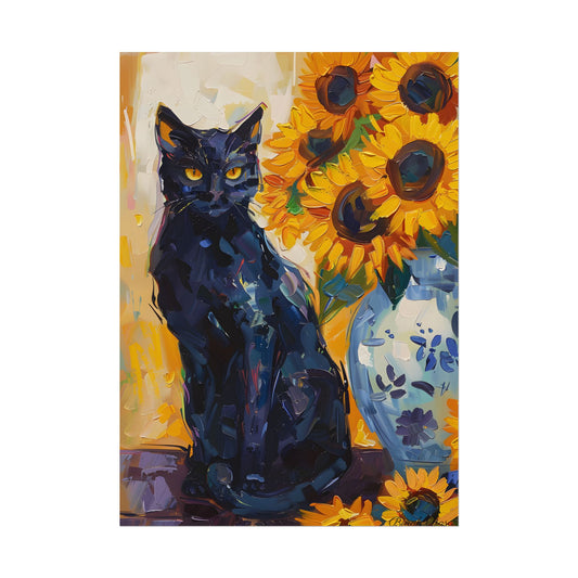 Whiskers by Sunshine: Black Cat in a Blooming Garden - Poster