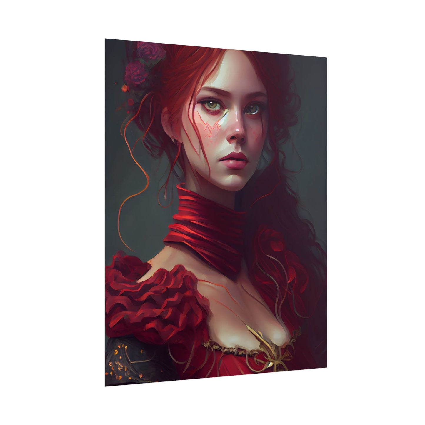 Vibrant Redhead Portrait: Female Artwork in Red Dress - Poster