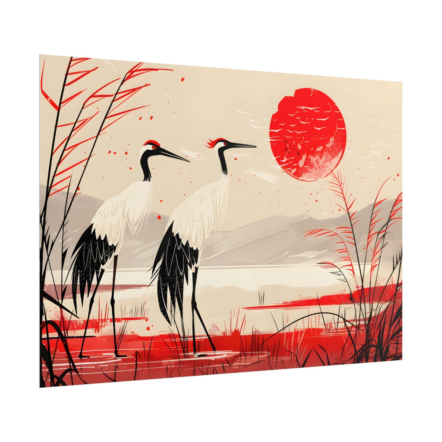 Peaceful Cranes in Serene Nature: Landscape Artwork - Poster