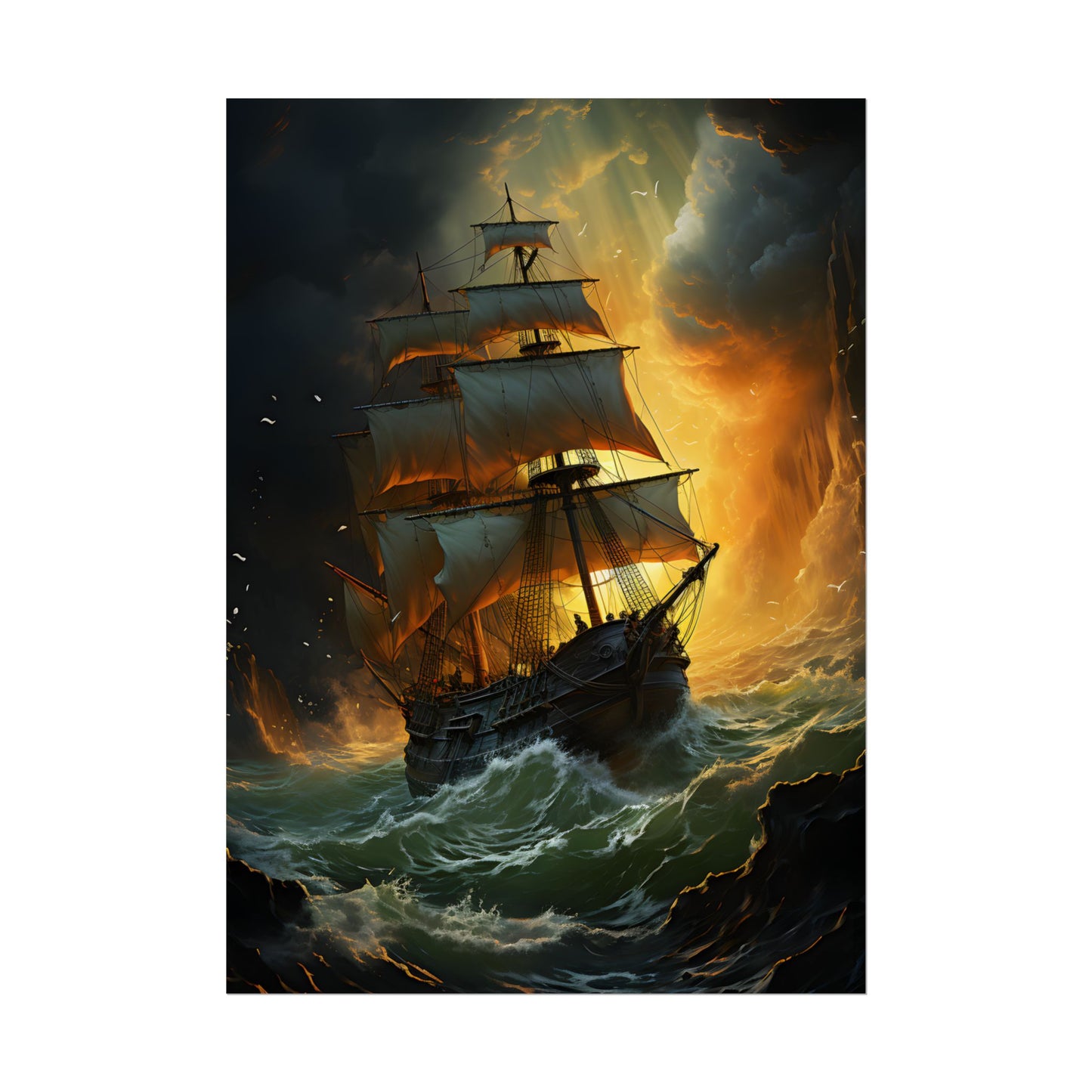 Mostly Green Seascape: Magnificent Oil Painting of a Ship - Poster