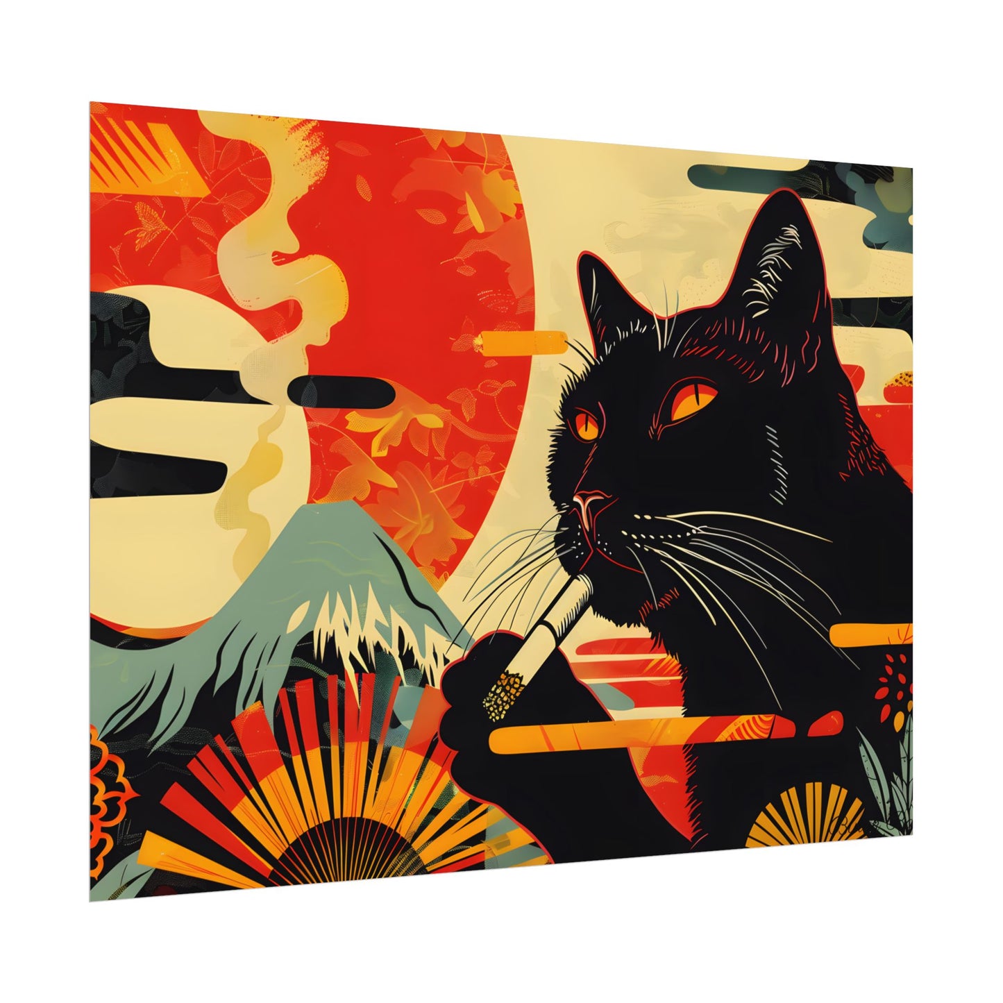 Whimsical Cat Smoking: Red & White Stripe Artwork - Poster