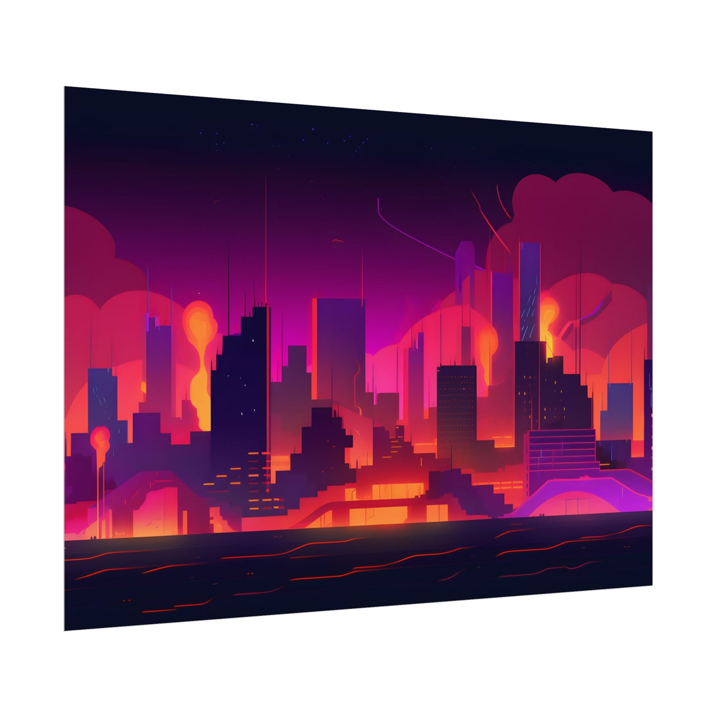 Burning Cyberpunk Cityscape: Nighttime Digital Artwork - Poster
