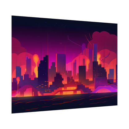 Burning Cyberpunk Cityscape: Nighttime Digital Artwork - Poster