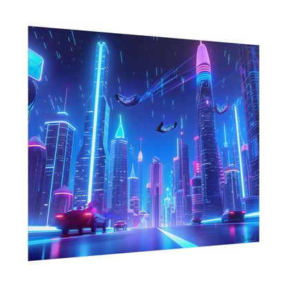 Vibrant Futuristic Cityscape: Neon Lights at Night Digital Artwork - Poster