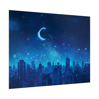 Peaceful Night Sky with Crescent Moon: Starry Digital Art - Poster