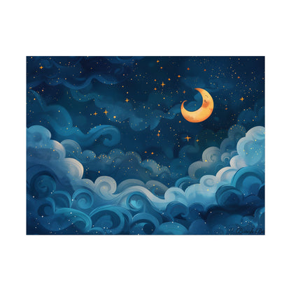 Surreal Night Sky Dreamscape: Whimsical Stars and Clouds Art - Poster