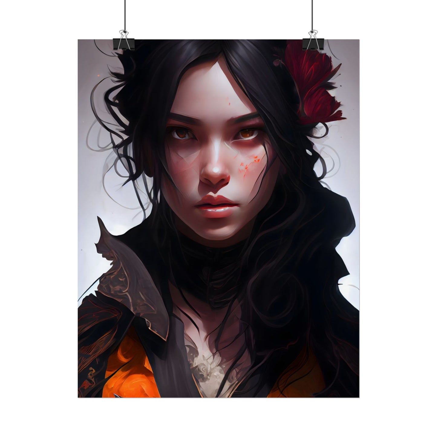 Black Hair Female Portrait: Elegant Dress Artwork - Poster
