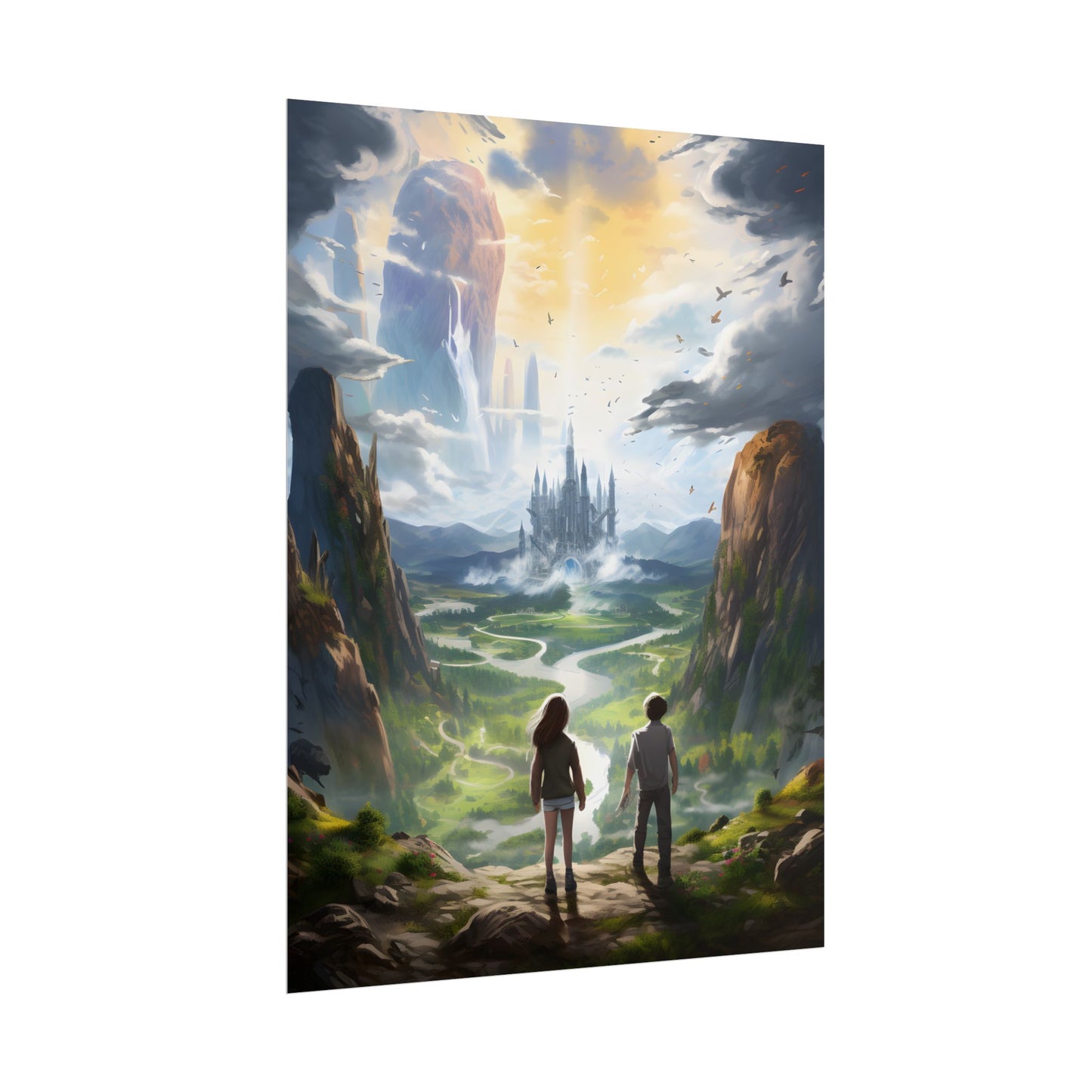 Girl and Boy in Serene Meadow: A Moment on Cloudy Hill - Poster