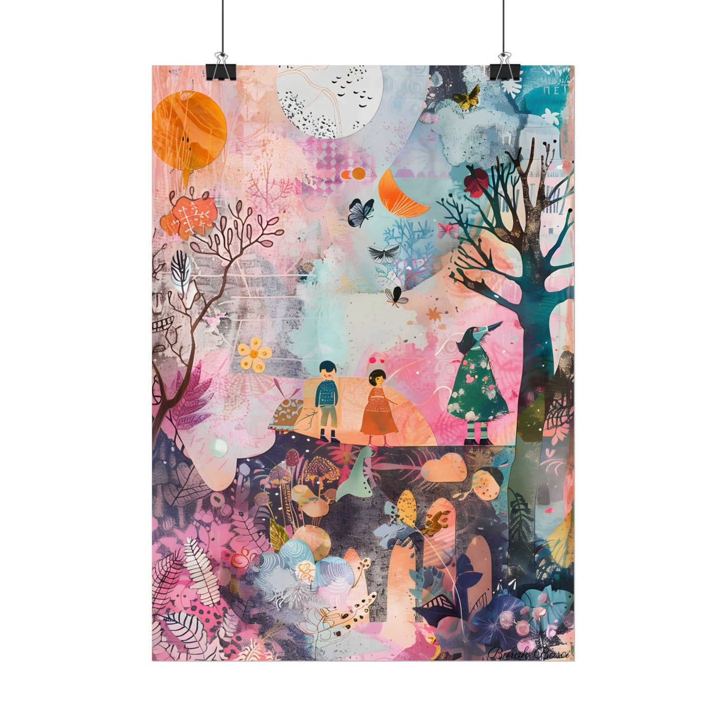 Colorful Whimsy: Blue Fish, Yellow Bird, Pink Cat Art Collage - Poster