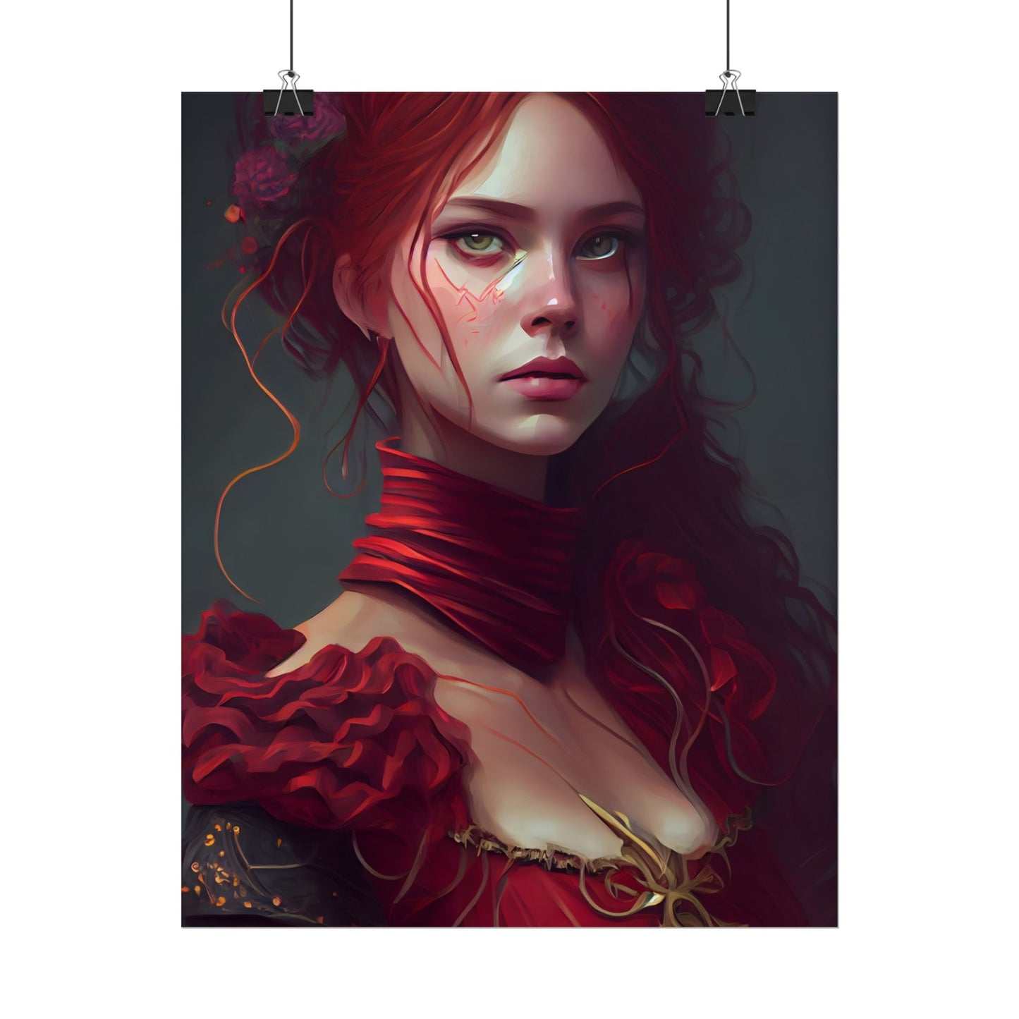 Vibrant Redhead Portrait: Female Artwork in Red Dress - Poster