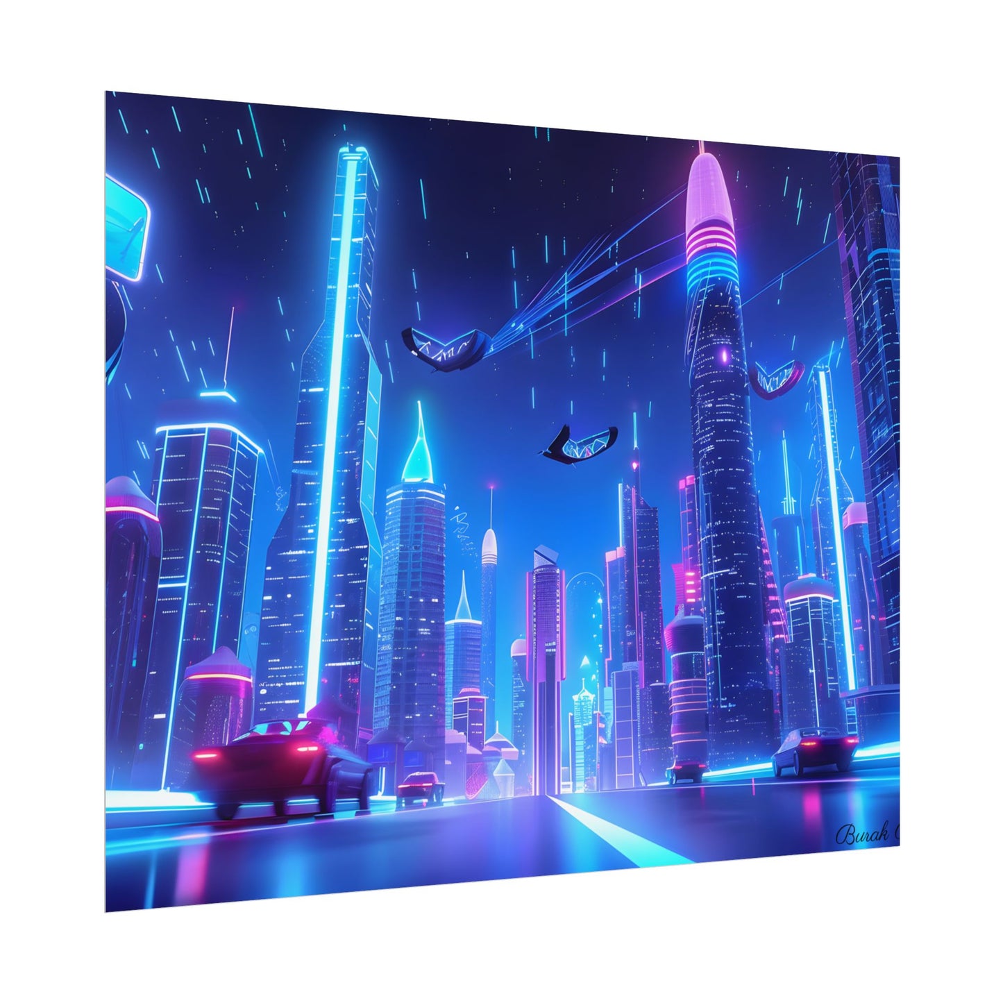 Vibrant Futuristic Cityscape: Neon Lights at Night Digital Artwork - Poster