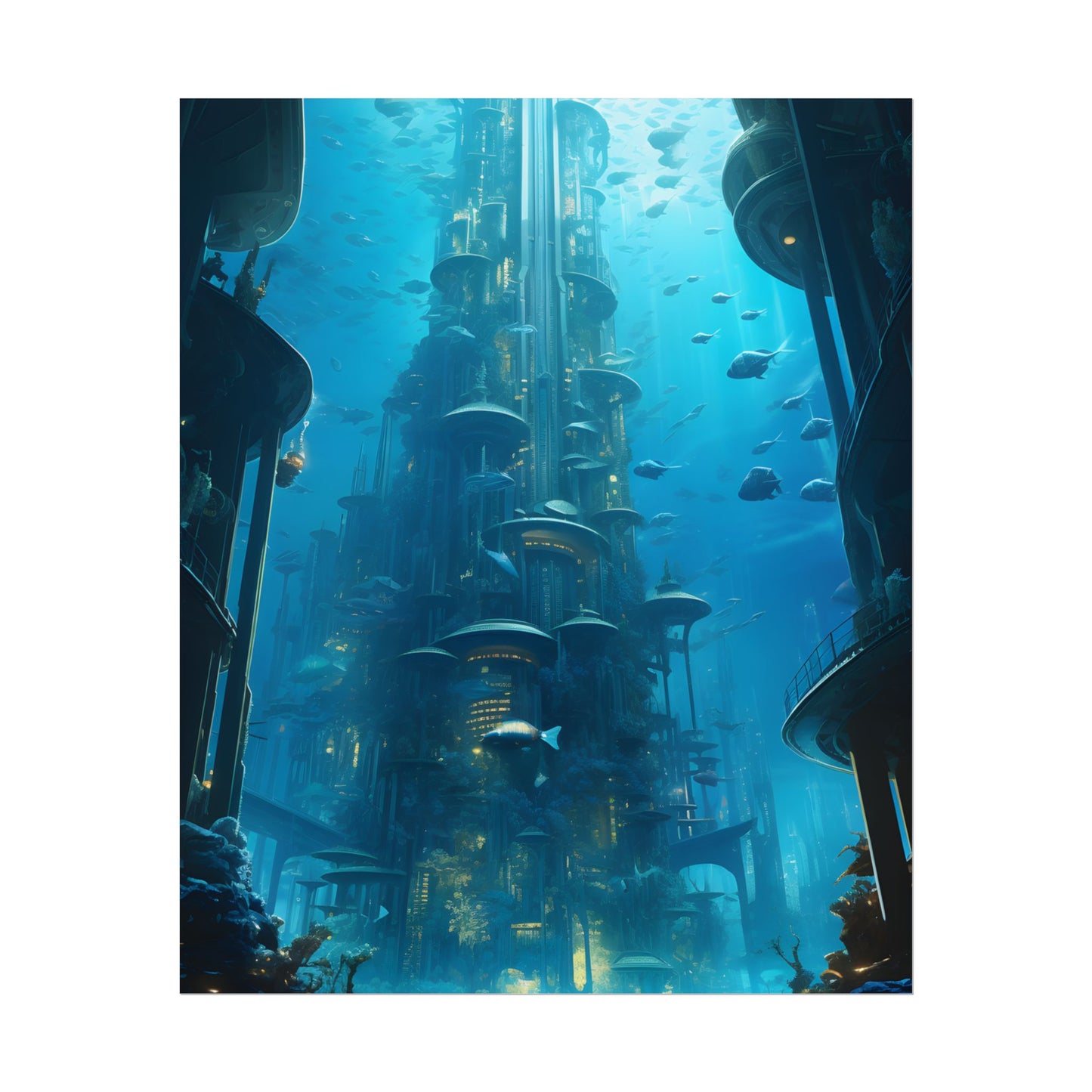 Future Metropolis: Underwater Cityscape Digital Art - Poster