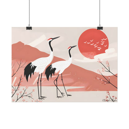 Serene Landscape with Cranes: Peaceful Nature Art - Poster