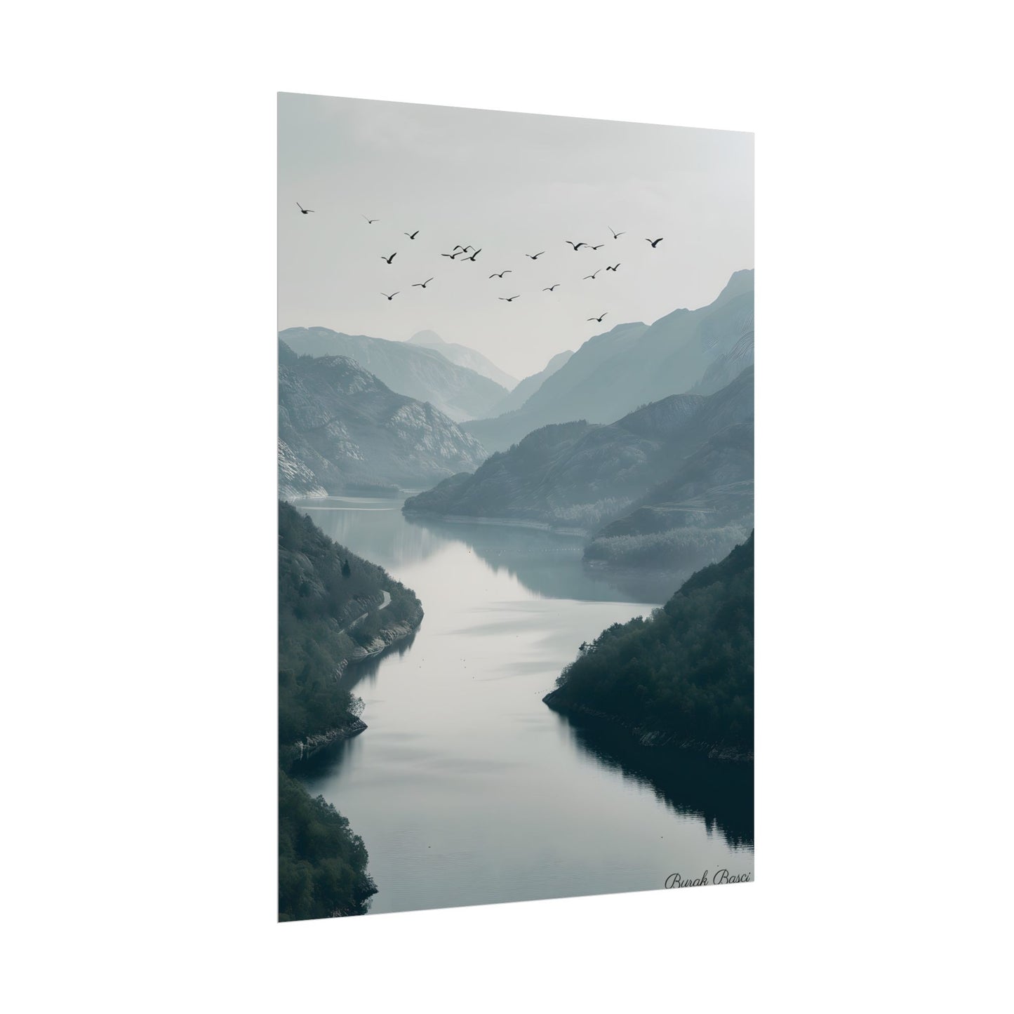 Peaceful Mountain Oasis: Serene Birds Eye View Artwork - Poster