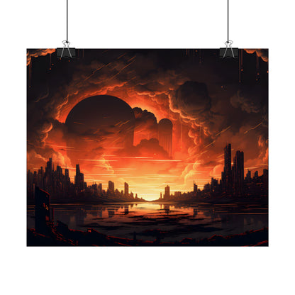 Futuristic Cyberpunk Night: Burning Cityscape Landscape Art - Poster