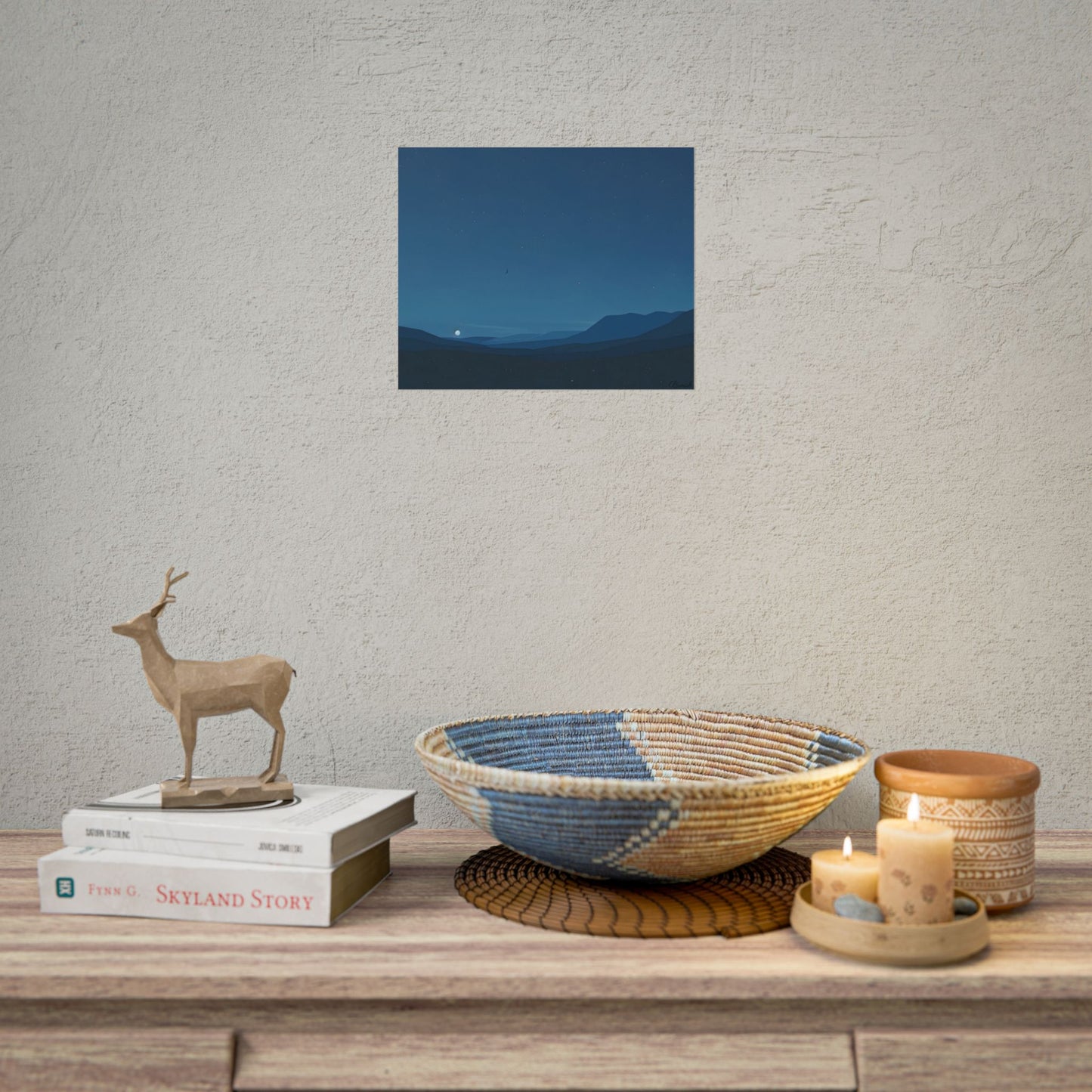 Minimalist Night Sky: Stars and Crescent Moon Art - Poster