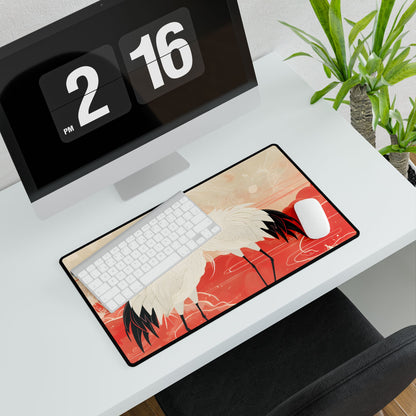 Serene Nature: Two Cranes Amidst Red and Green Landscape Art - Desk Mat