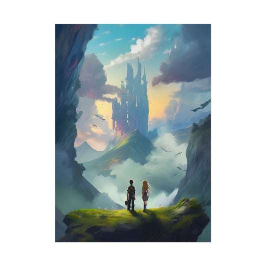 Girl and Boy on Cloudy Meadow: Candid Moment - Poster