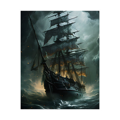 Ghostly Pirate Ship: Sailing Solo in Eerie Blue Skies - Poster