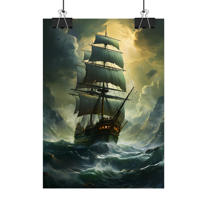 Green Realism: Majestic Ship Oil Painting - Poster