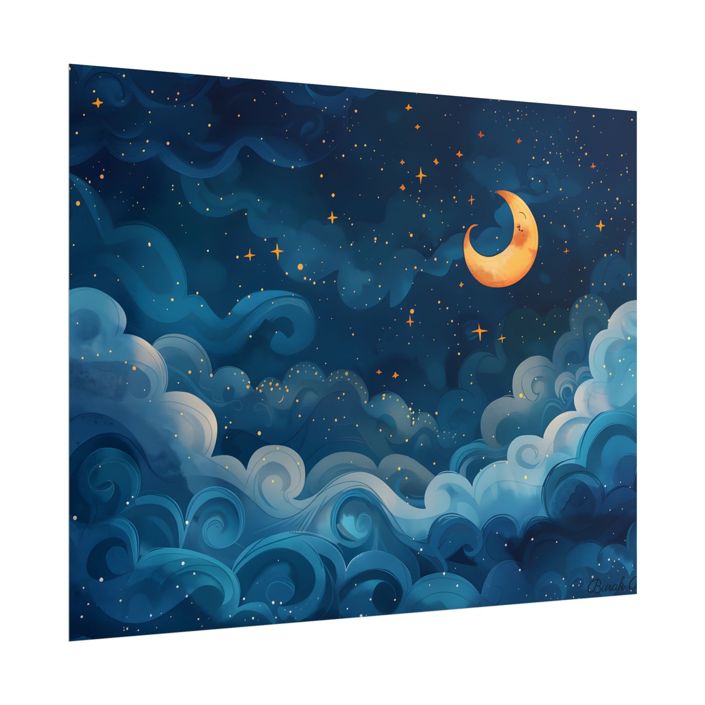 Surreal Night Sky Dreamscape: Whimsical Stars and Clouds Art - Poster