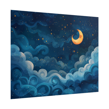 Surreal Night Sky Dreamscape: Whimsical Stars and Clouds Art - Poster