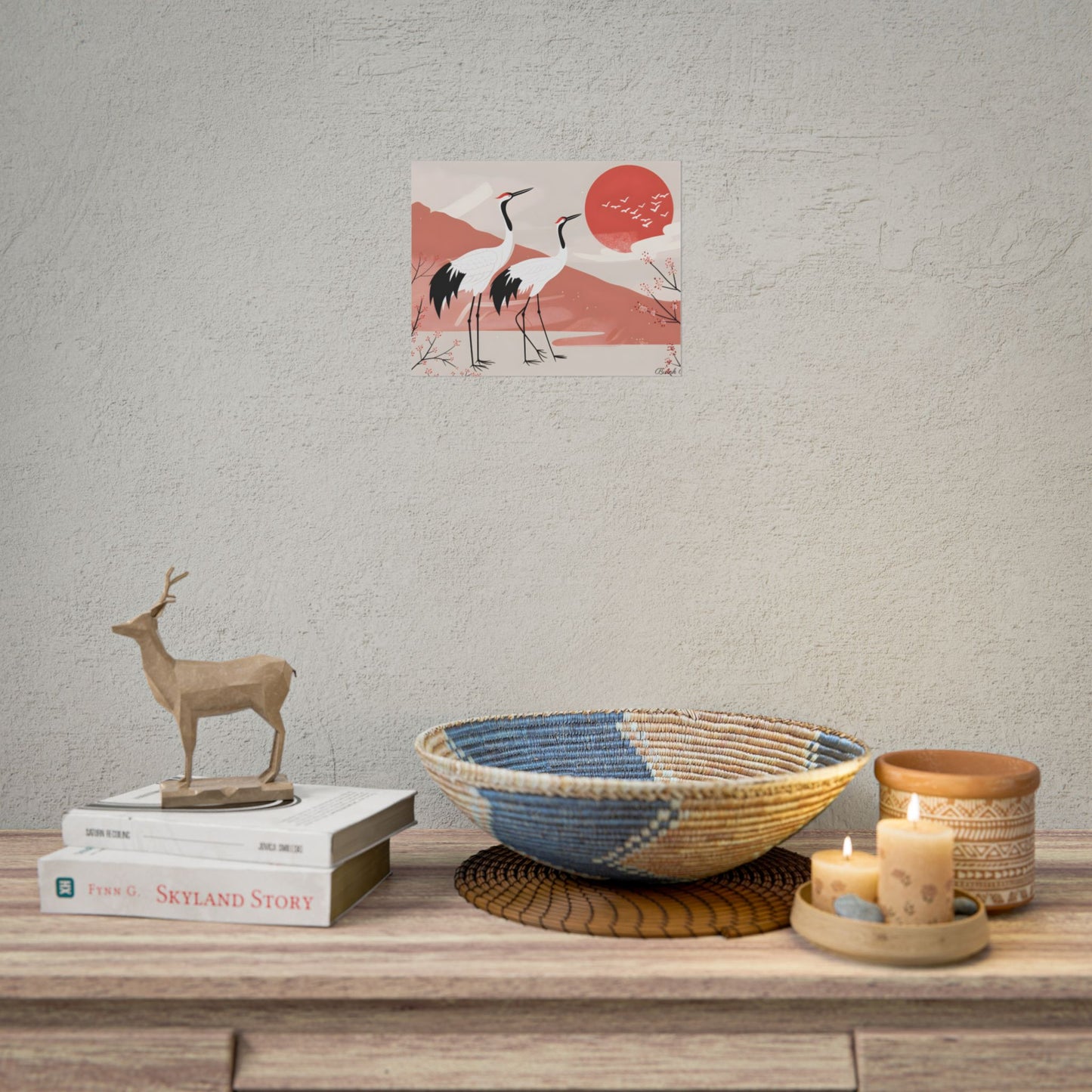 Serene Landscape with Cranes: Peaceful Nature Art - Poster