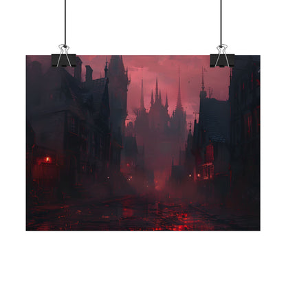 Dark Gothic Cityscape: A Serene Misty Dusk Scene - Poster