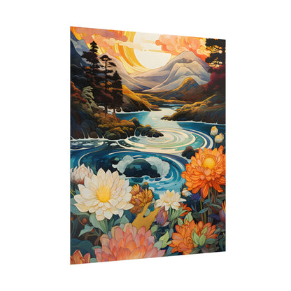Peaceful River Landscape: Flowers Blooming - Poster
