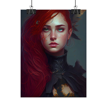 Vibrant Female Portrait: Red Hair Beauty in Neutral Dress - Poster